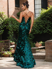 Sparkly Lace Up Back V-Neck Corset Sequin Mermaid Maxi Dress With Slit