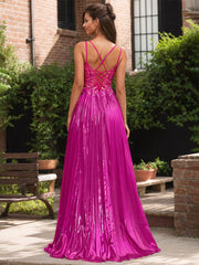 Fuchsia A Line Sweetheart Corset Pleated Prom Dress with Lace Appliques