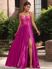 Fuchsia A Line Sweetheart Corset Pleated Prom Dress with Lace Appliques