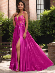 Fuchsia A Line Sweetheart Corset Pleated Prom Dress with Lace Appliques