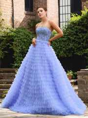 Blue A Line Tiered Ruffled Tulle Prom Dress with Beading Rhinestone