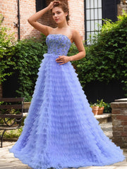 Blue A Line Tiered Ruffled Tulle Prom Dress with Beading Rhinestone