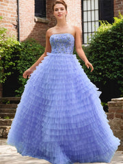 Blue A Line Tiered Ruffled Tulle Prom Dress with Beading Rhinestone