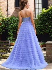 Blue A Line Tiered Ruffled Tulle Prom Dress with Beading Rhinestone