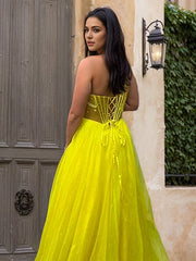 Yellow A Line Sweetheart Long Corset Prom Dress