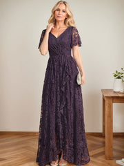 A-Line V-Neck Asymmetrical Lace Mother of the Bride Dress With Cascading Ruffles