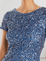 Dusty Blue Sequins Sheath Scoop Long Mother of the Bride Dress