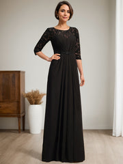 A-Line Scoop Illusion Floor-Length Lace Chiffon Mother Of the Bride Dress With Beading Ruffles