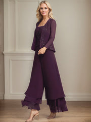 Separates Jumpsuit/Pantsuit Square Ankle-Length Lace Chiffon Mother of the Bride Dress With Sequins