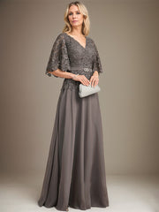 A-line V-Neck Floor-Length Chiffon Lace Mother of the Bride Dress With Crystal Brooch Rhinestone