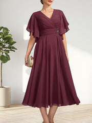 A-line V-Neck Tea-Length Chiffon Mother of the Bride Dress With Pleated Beading