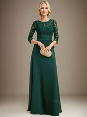 A-line Scoop Illusion Floor-Length Chiffon Lace Mother of the Bride Dress With Pleated Sequins Beading