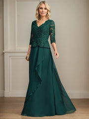 A-line V-Neck Floor-Length Lace Chiffon Mother of the Bride Dress With Cascading Ruffles Sequins