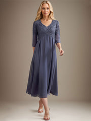 A-line V-Neck Tea-Length Chiffon Lace Mother of the Bride Dress With Beading