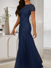 Dark Navy Mermaid Scoop Sequins Tulle Dress