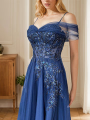 Dark Blue A Line Spaghetti Straps Long Prom Dress With Appliques