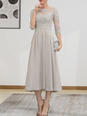 A-line Scoop Illusion Tea-Length Chiffon Lace Mother of the Bride Dress With Beading Sequins