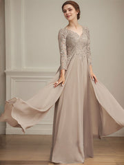 A-line V-Neck Floor-Length Lace Chiffon Mother of the Bride Dress With Sequins