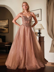 Rose Gold A Line Spaghetti Straps Long Prom Dress With Beadings