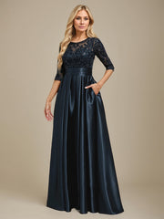 A-line Scoop Illusion Floor-Length Stretch Satin Lace Mother of the Bride Dress With Bow Sequins