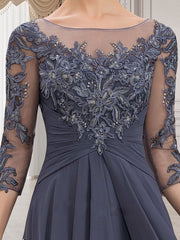 A-line Scoop Illusion Floor-Length Lace Chiffon Mother of the Bride Dress With Cascading Ruffles