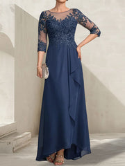 A-line Scoop Illusion Asymmetrical Lace Chiffon Mother of the Bride Dress With Sequins Cascading Ruffles