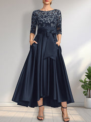 A-line Scoop Illusion Asymmetrical Satin Lace Mother of the Bride Dress With Bow