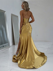 Simple Golden Mermaid Corset Strapless Long Prom Dress with Slit