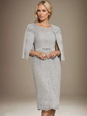 Sheath/Column Scoop Knee-Length Chiffon Lace Mother of the Bride Dress With Beading