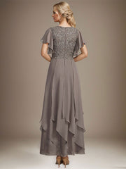 A-line V-Neck Ankle-Length Lace Chiffon Mother of the Bride Dress With Cascading Ruffles