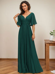 A-line V-Neck Floor-Length Chiffon Mother of the Bride Dress With Sequins Appliques Lace Pleated