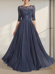 A-line Scoop Illusion Floor-Length Chiffon Lace Mother of the Bride Dress With Pleated Sequins