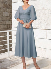 A-line V-Neck Tea-Length Lace Chiffon Mother of the Bride Dress With Pleated