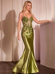 Sage Mermaid Spaghetti Straps Long Prom Dress With Appliques