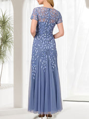 Blue Mermaid Round Neck Long Mother of the Bride Dress With Beadings