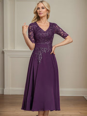 A-line V-Neck Tea-Length Lace Chiffon Mother of the Bride Dress With Sequins