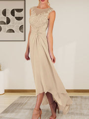 Champagne A-Line Scoop Lace Chiffon Dress