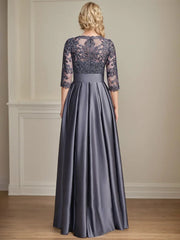 A-line Scoop Illusion Floor-Length Satin Lace Mother of the Bride Dress With Sequins Bow