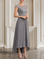 A-line Scoop Illusion Asymmetrical Lace Chiffon Mother of the Bride Dress With Pleated