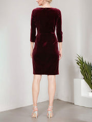 Short Velvet Sheath Dress with Surplice Neckline, Cascade Skirt and Embellishment Detail at Hip