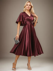 A-line V-Neck Tea-Length Stretch Satin Mother of the Bride Dress With Beading Pleated