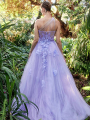 Purple A Line One Shoulder Long Appliqued Prom Dress With Slit