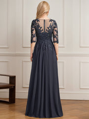 A-line V-Neck Floor-Length Lace Chiffon Mother of the Bride Dress With Pleated Sequins