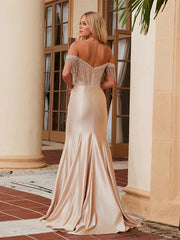 Champagne Mermaid Off the Shoulder Long Prom Dress With Beadings