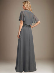 A-line Scoop Illusion Floor-Length Lace Chiffon Mother of the Bride Dress With Sequins