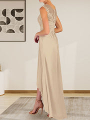 Champagne A-Line Scoop Lace Chiffon Dress