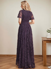 A-Line V-Neck Asymmetrical Lace Mother of the Bride Dress With Cascading Ruffles