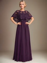 A-line Boat Neck Floor-Length Lace Chiffon Mother of the Bride Dress With Applique Sequins