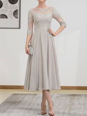 A-line Scoop Illusion Tea-Length Chiffon Lace Mother of the Bride Dress With Beading Sequins