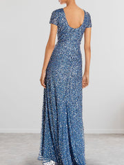 Dusty Blue Sequins Sheath Scoop Long Mother of the Bride Dress